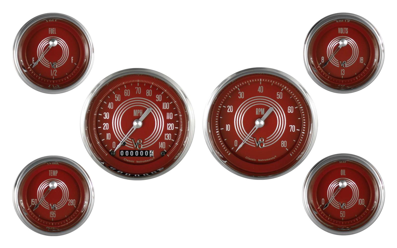 Classic Instruments V8 Red Steelie Series Gauge Sets V8RS01SHC