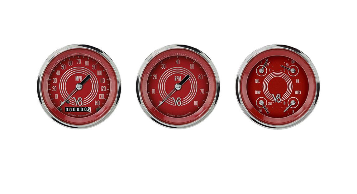 Classic Instruments V8 Red Steelie Series Gauge Sets V8RS03SHC