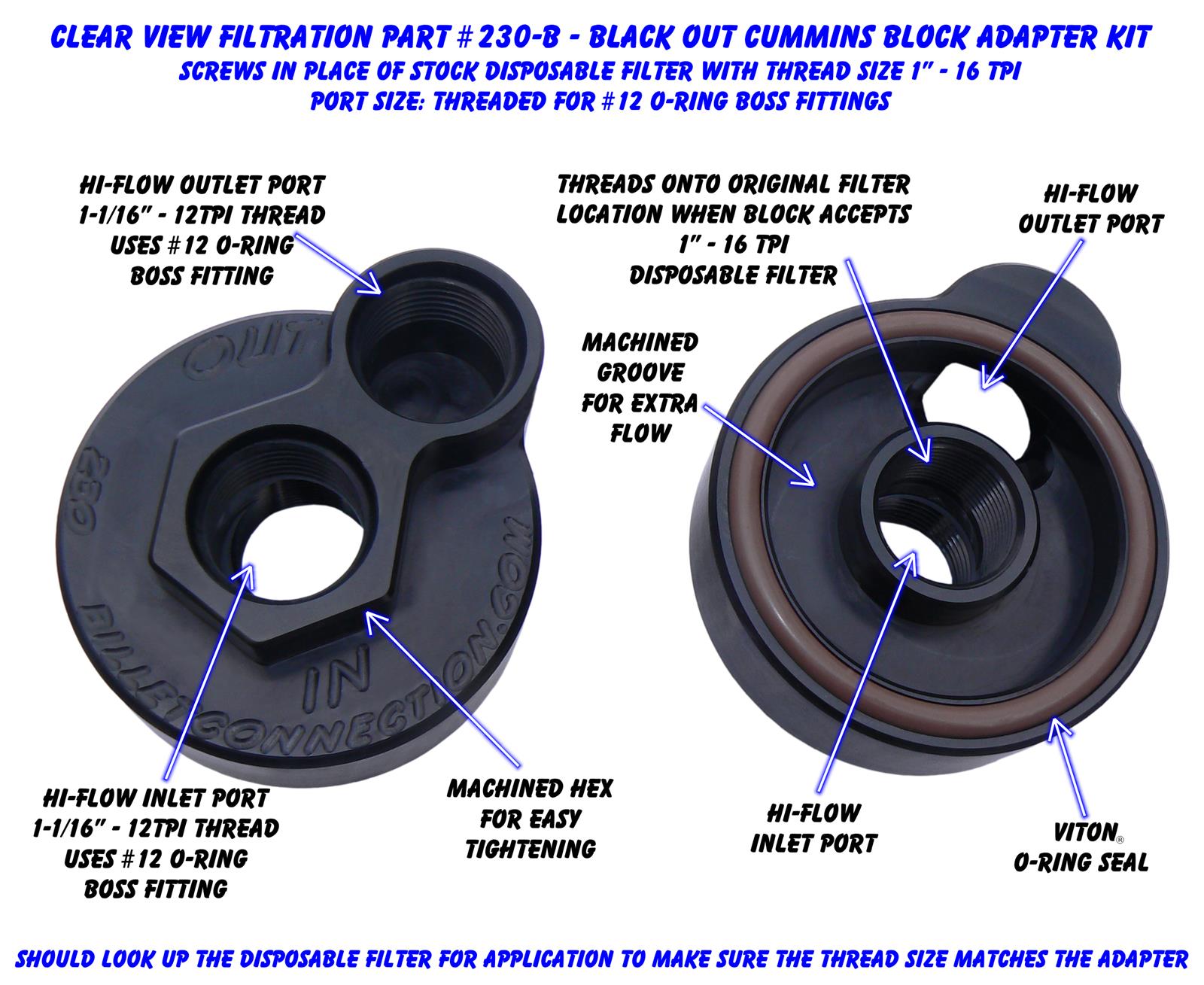 Clear View Filtration Oil Filter Block Adapters 230-B
