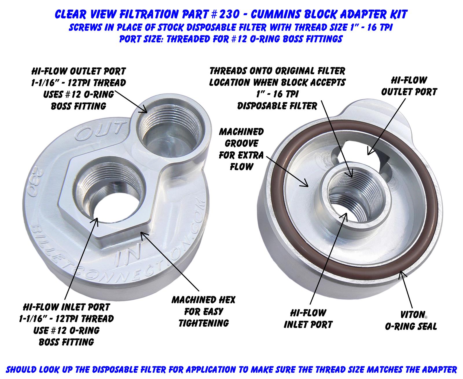 Clear View Filtration Oil Filter Block Adapters 230