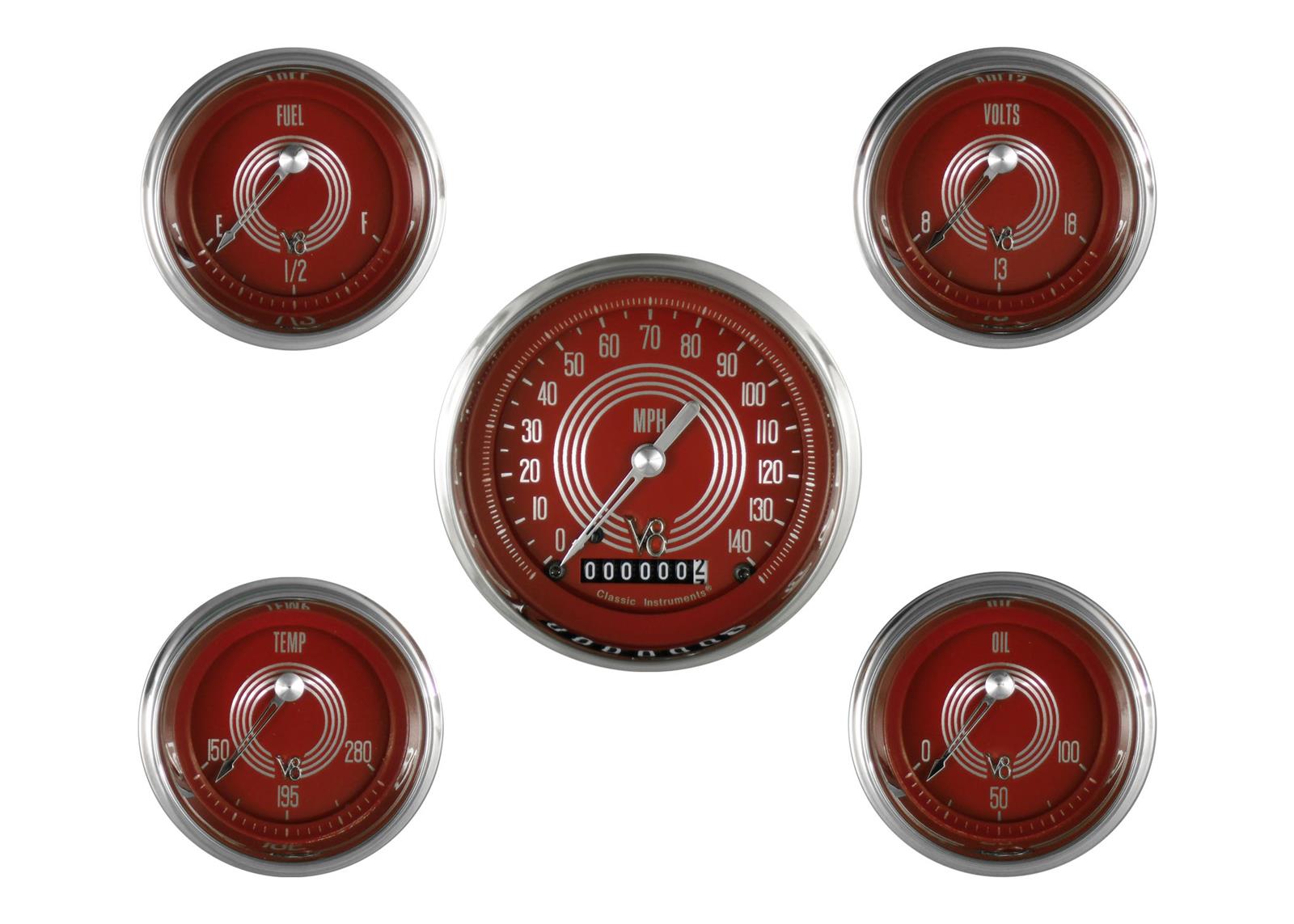 Classic Instruments V8 Red Steelie Series Gauge Sets V8RS00SHC