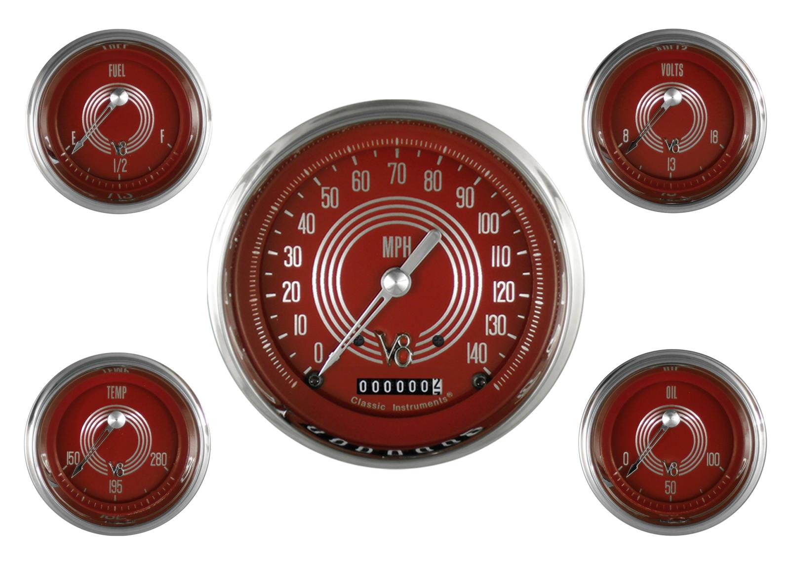 Classic Instruments V8 Red Steelie Series Gauge Sets V8RS54SLC